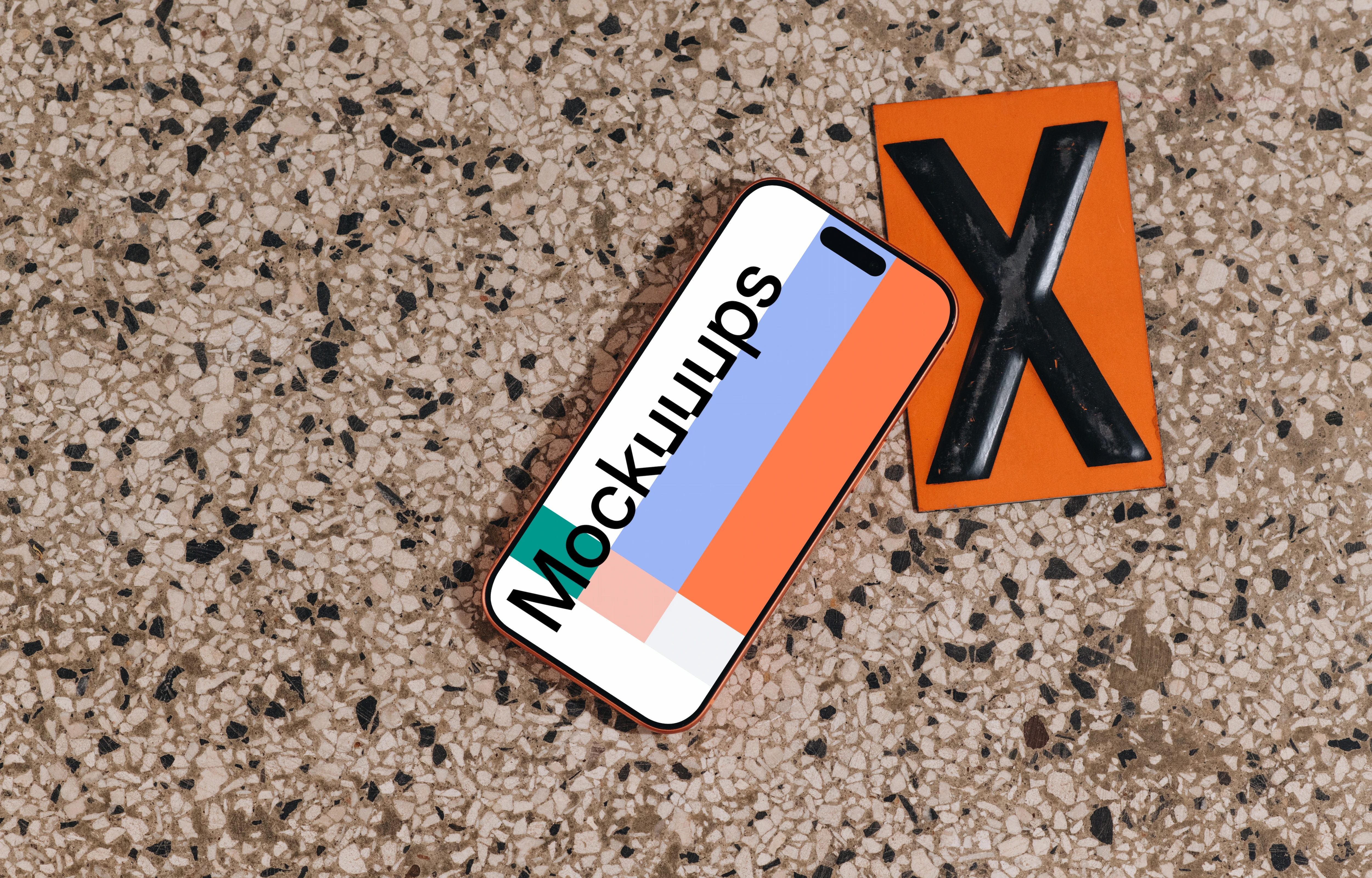 iPhone 17 Pro mockup on terrazzo surface with orange card