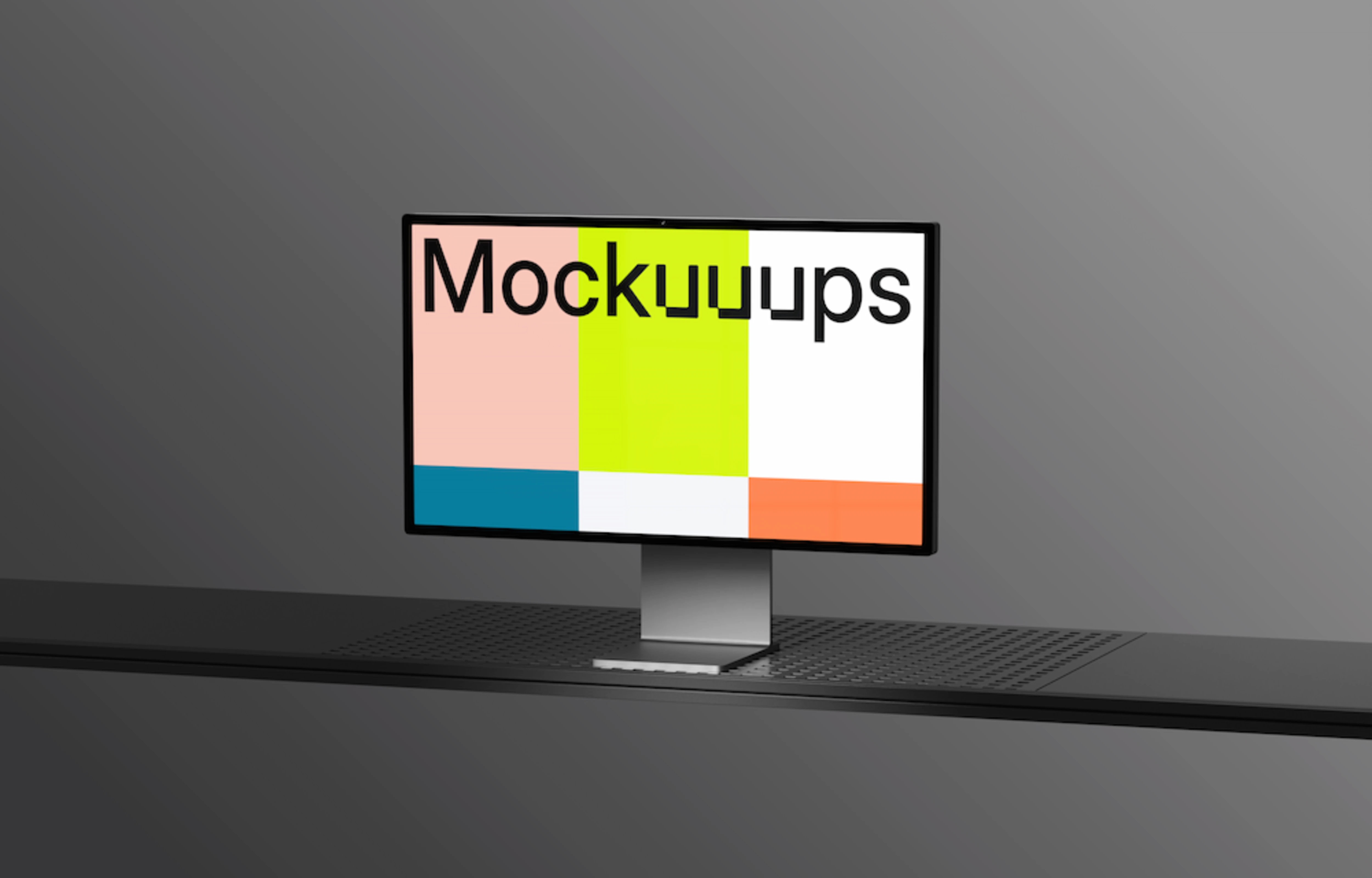 Apple Studio Display mockup on a sleek black desk