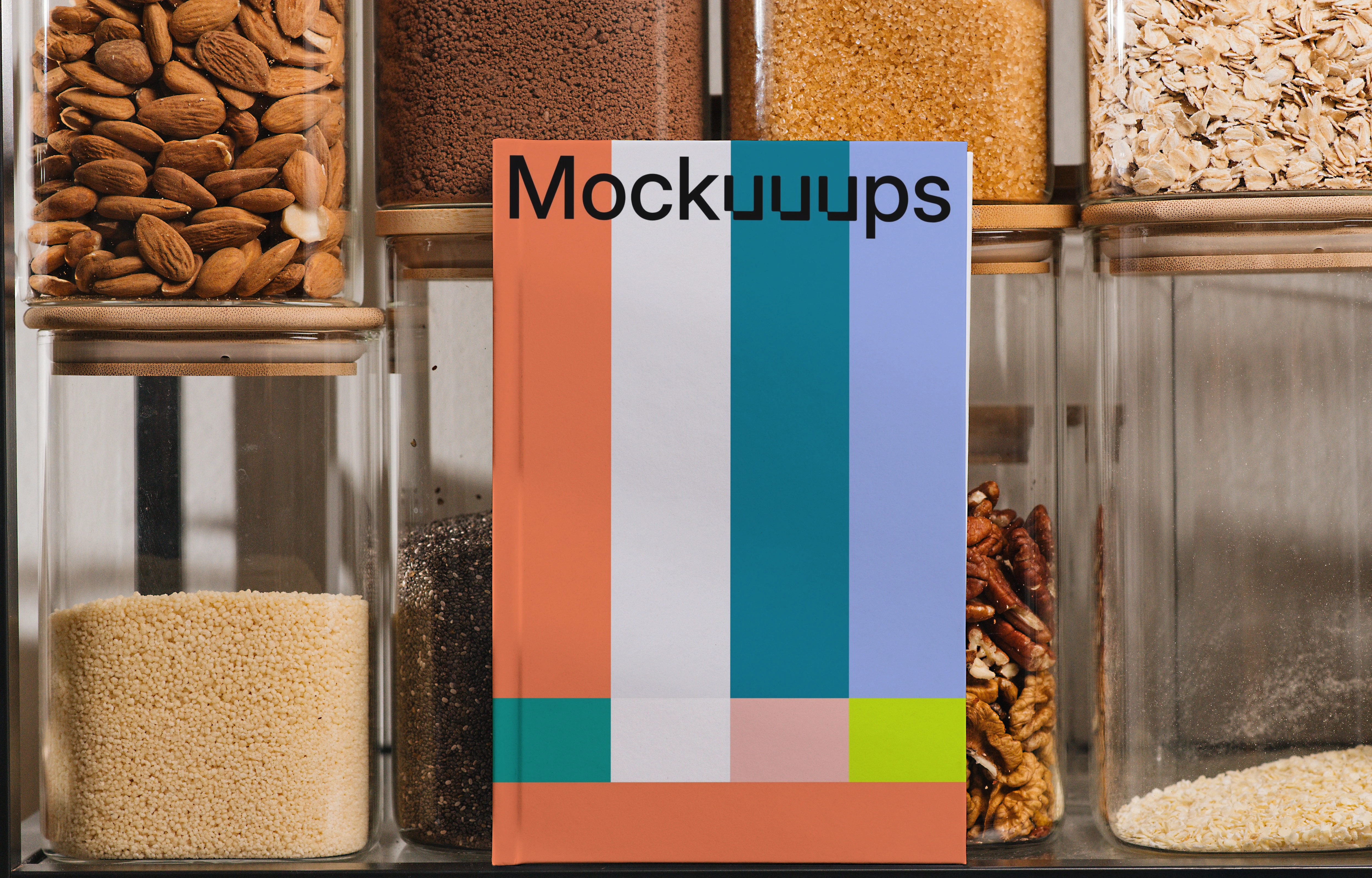 Book mockup with colorful cover in a kitchen setting