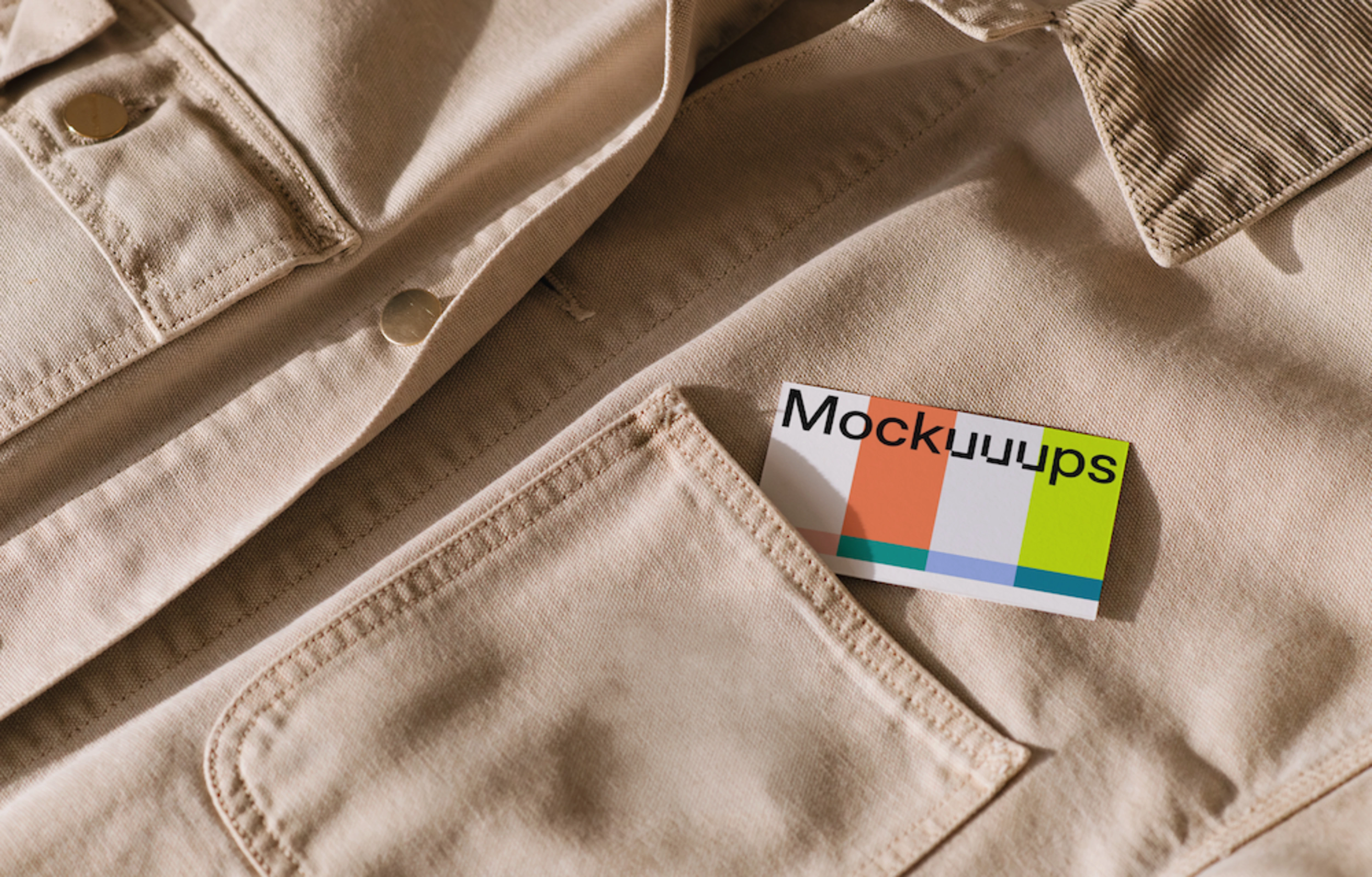 Business card mockup in a beige jacket pocket