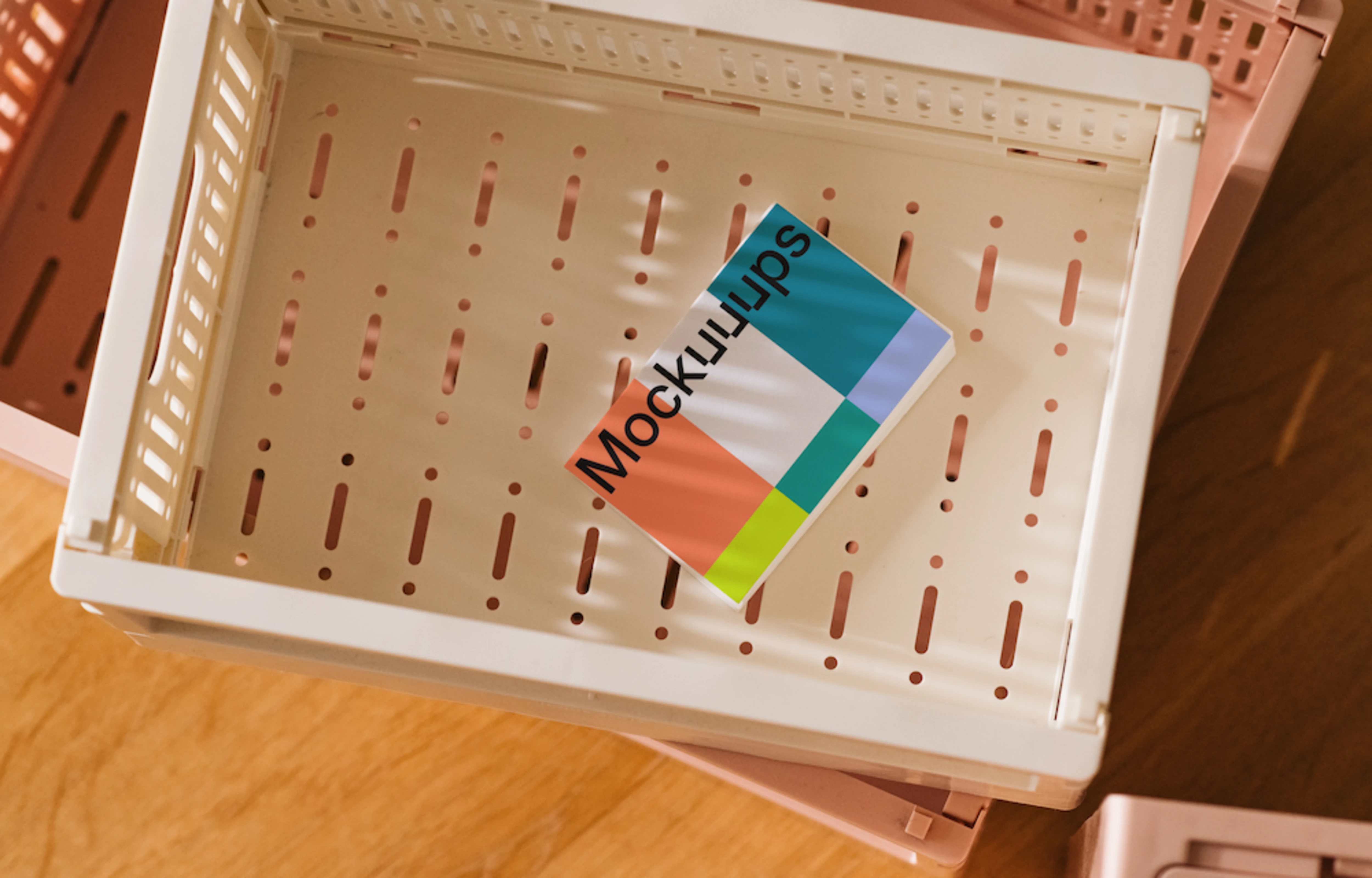 EU business card mockup in a plastic crate