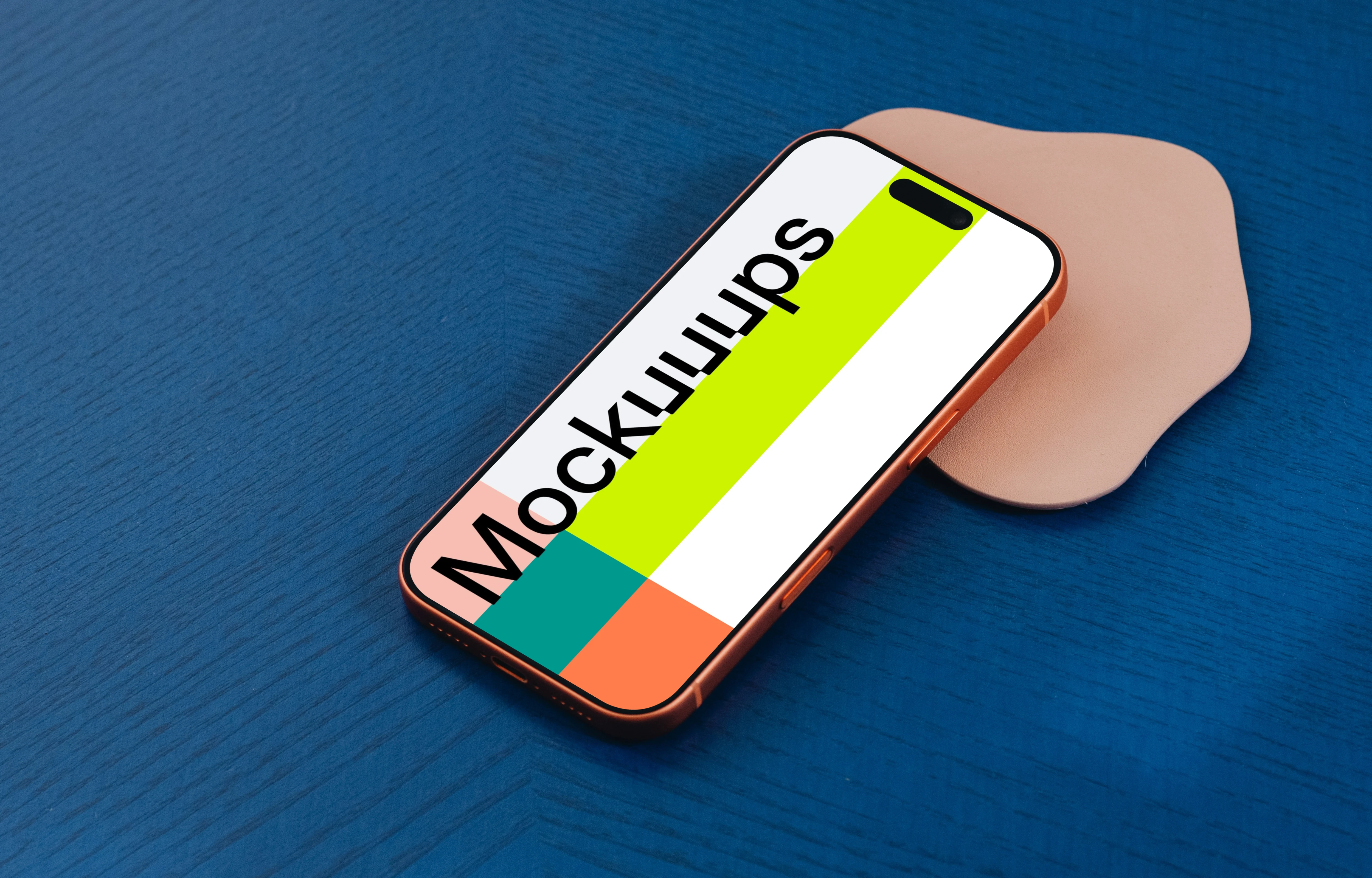 iPhone 17 Pro mockup on a blue wooden surface