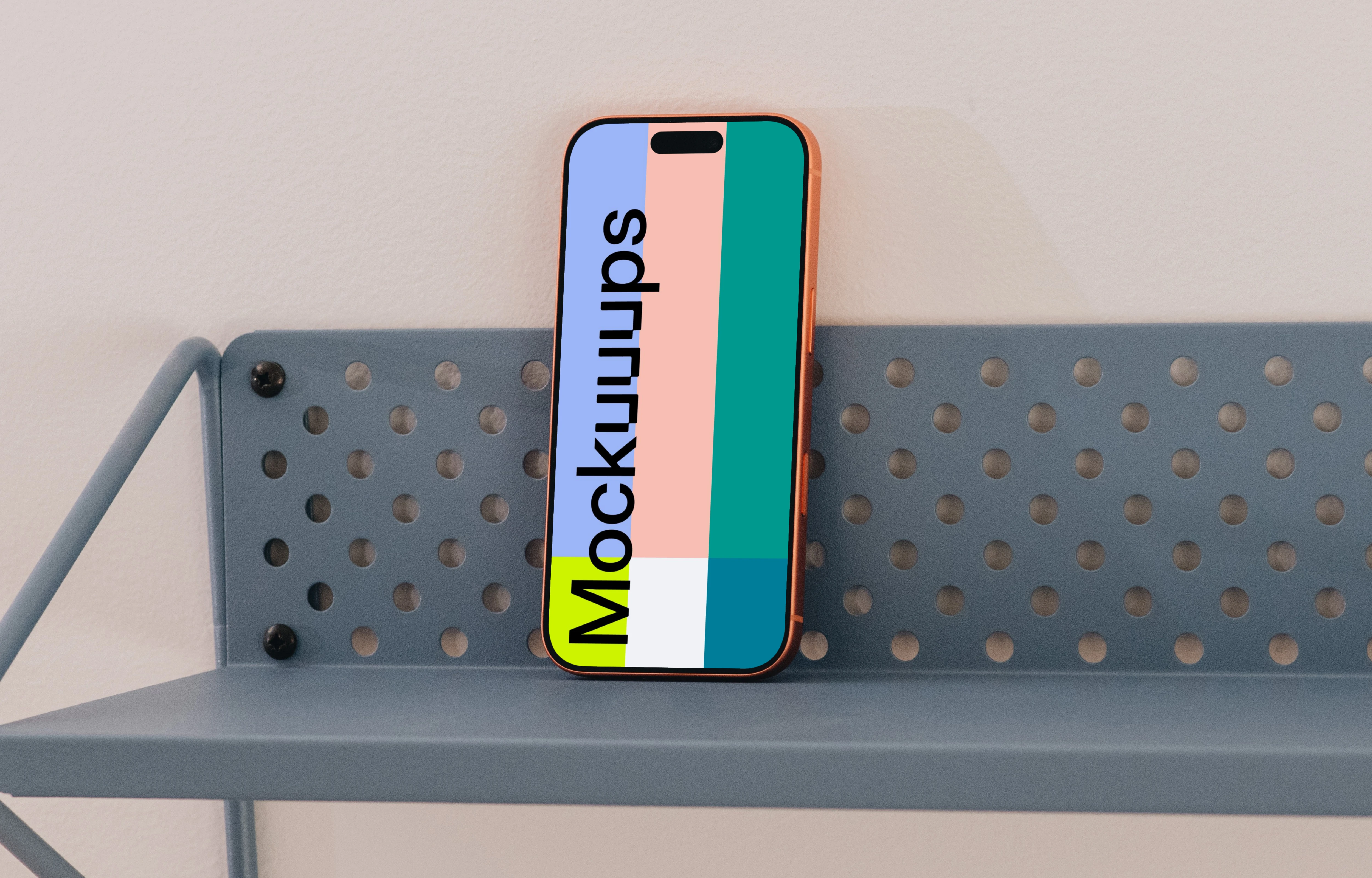 iPhone 17 Pro mockup on a perforated metal shelf