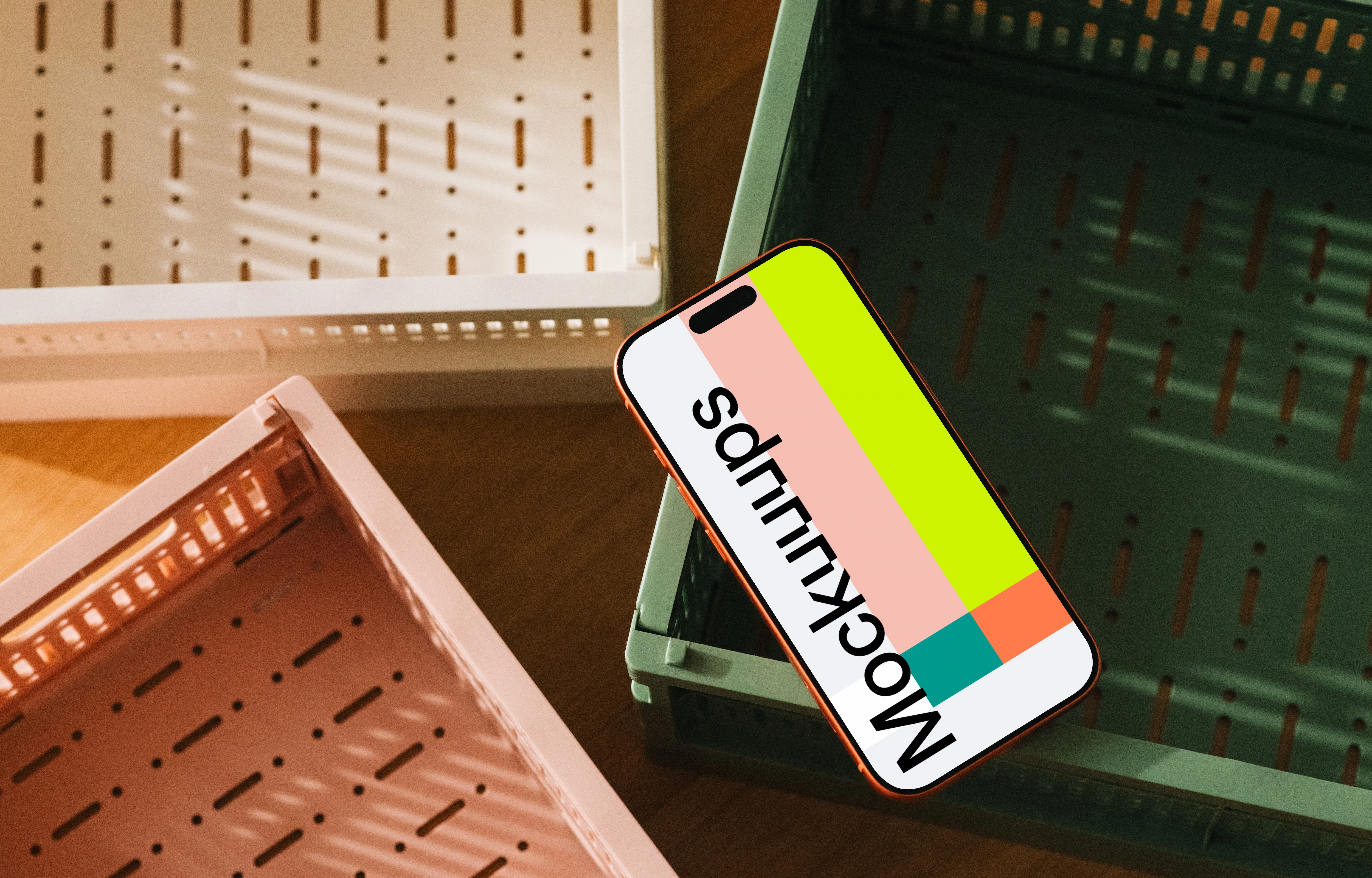 iPhone 17 Pro mockup with colorful storage crates