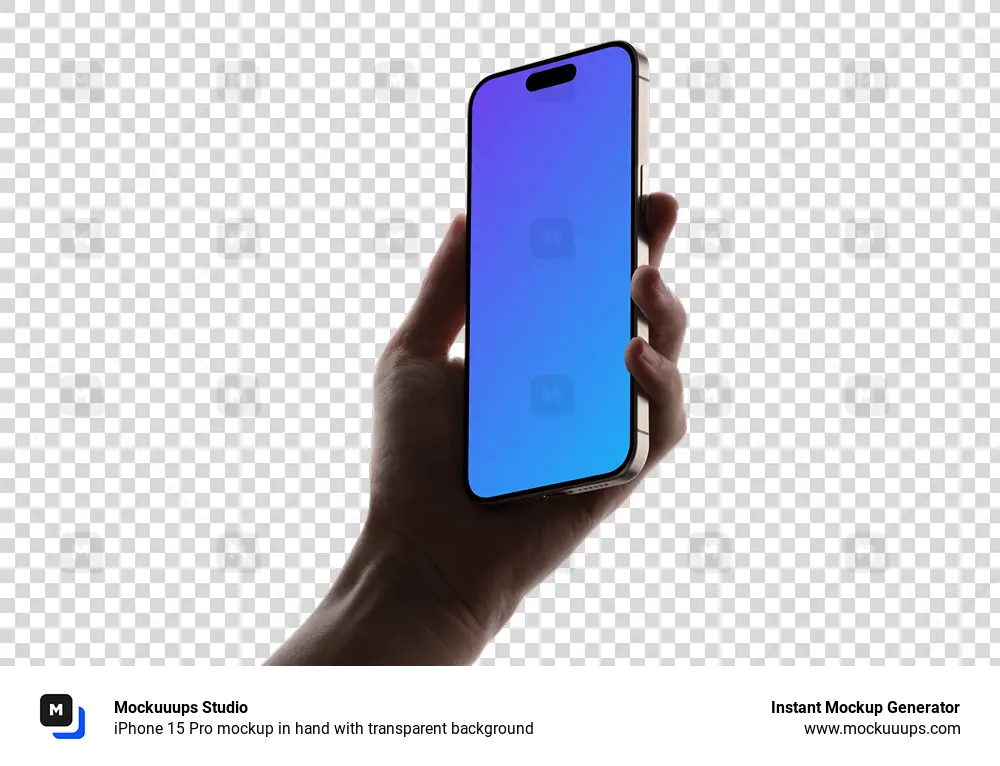 iPhone 15 Pro mockup in hand with transparent background