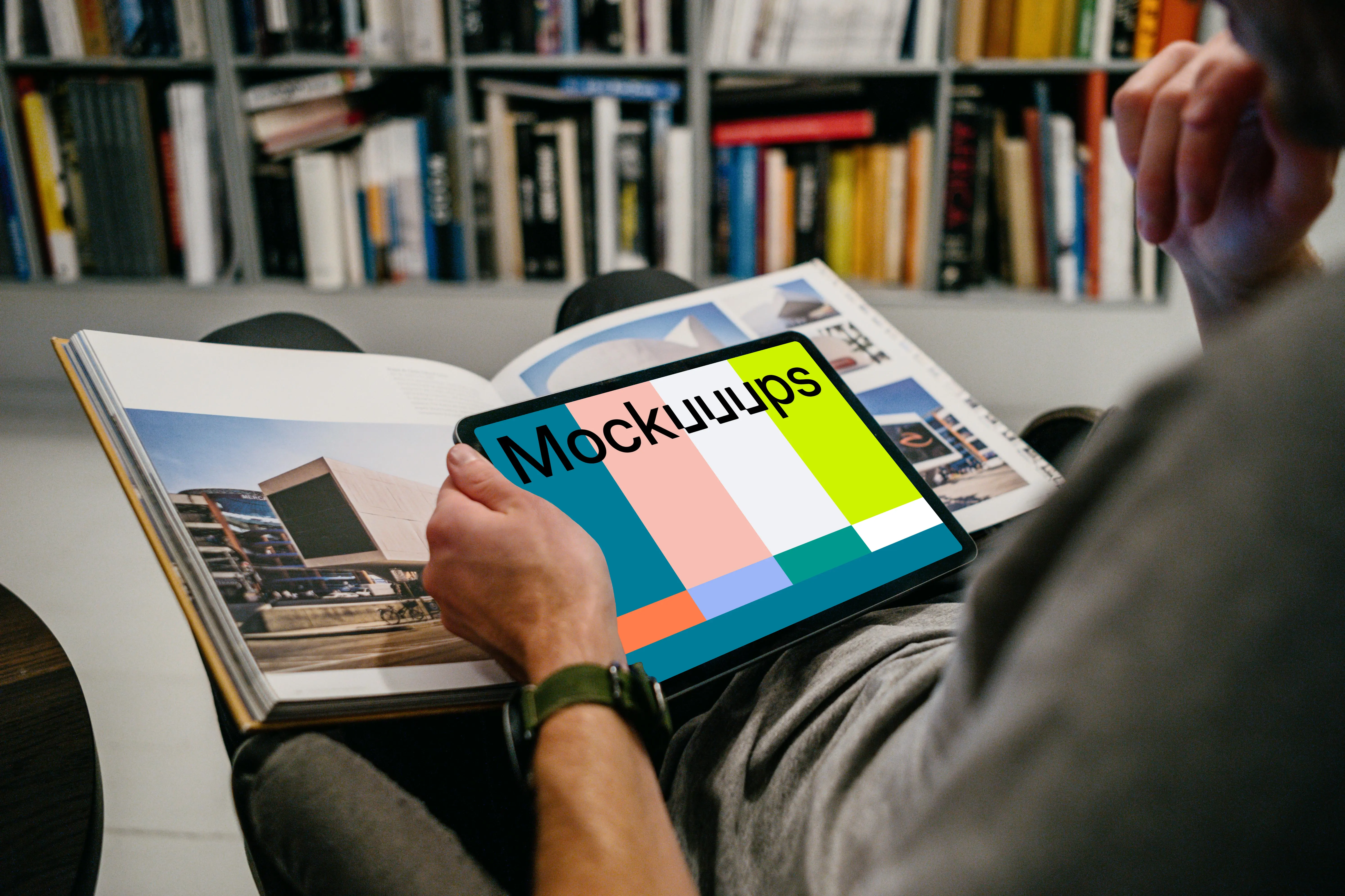 iPad Air mockup in a user’s hand in a library