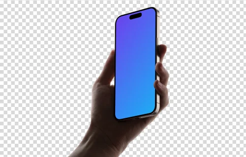 iPhone 15 Pro mockup in hand with transparent background