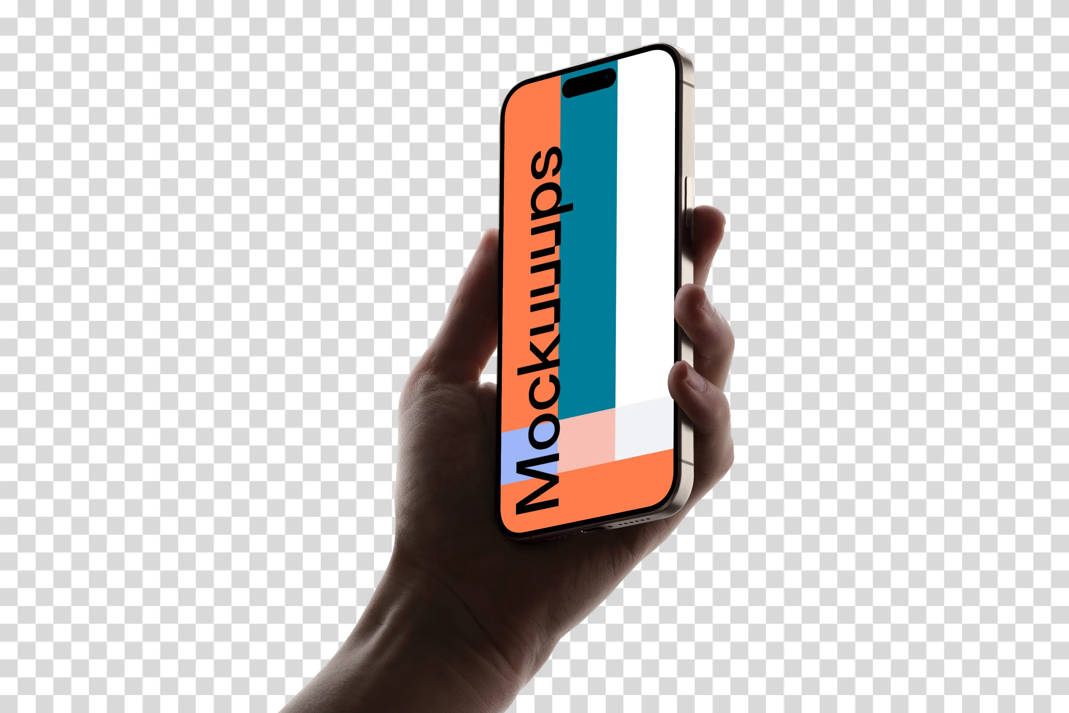 iPhone 15 Pro mockup in hand with transparent background