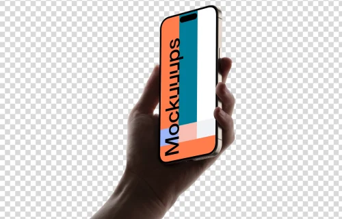 iPhone 15 Pro mockup in hand with transparent background