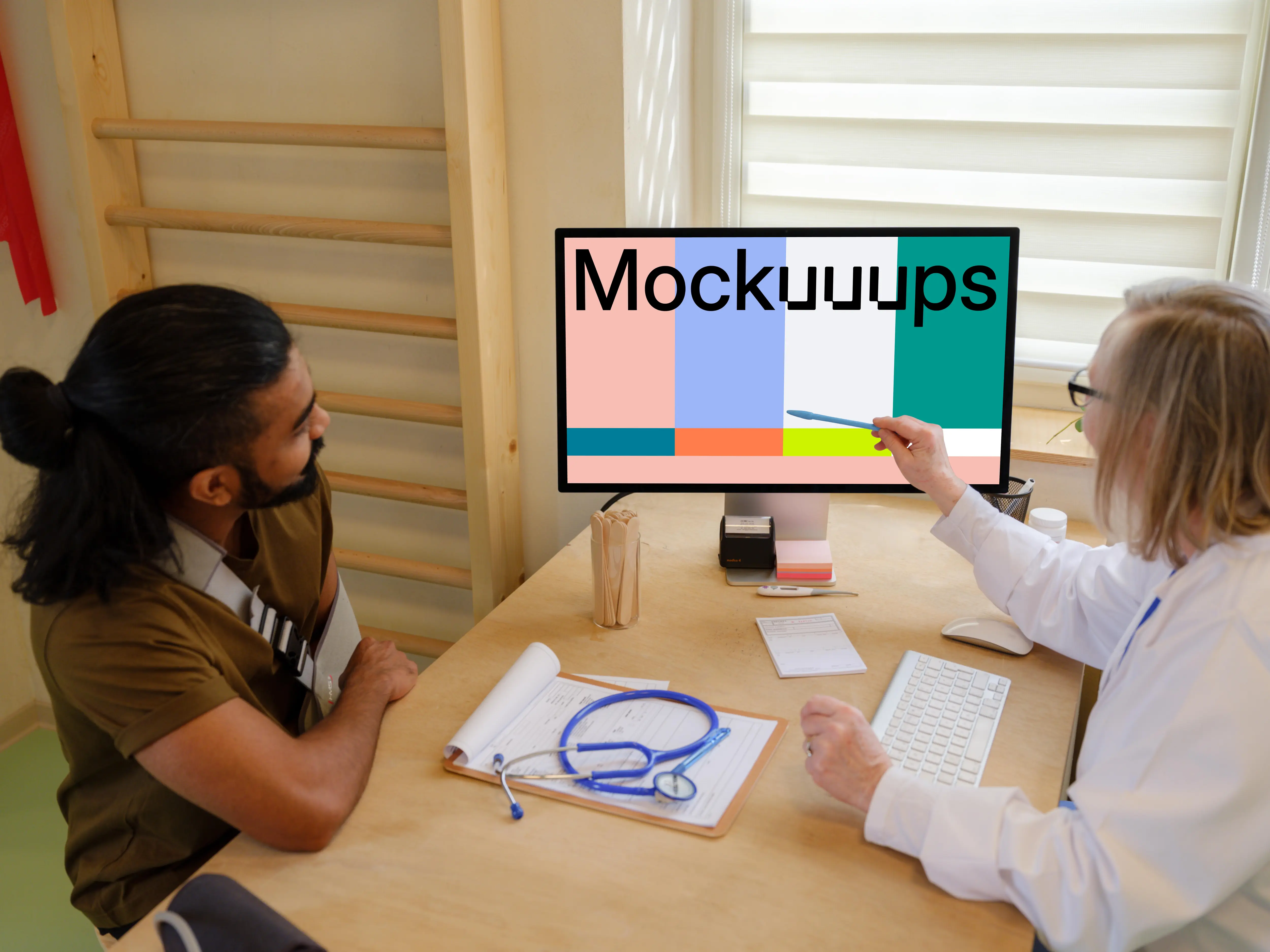 Doctor touches the screen of Apple Studio Display with pen 