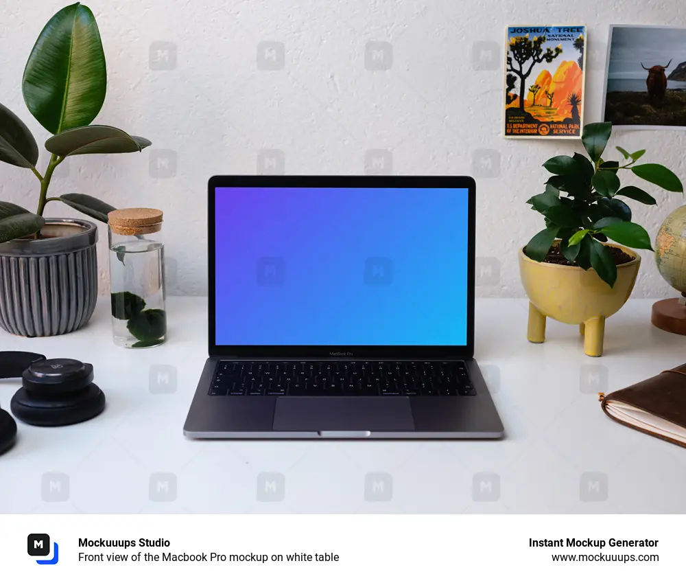 Download Front view of the Macbook Pro mockup on white table - Mockuuups Studio