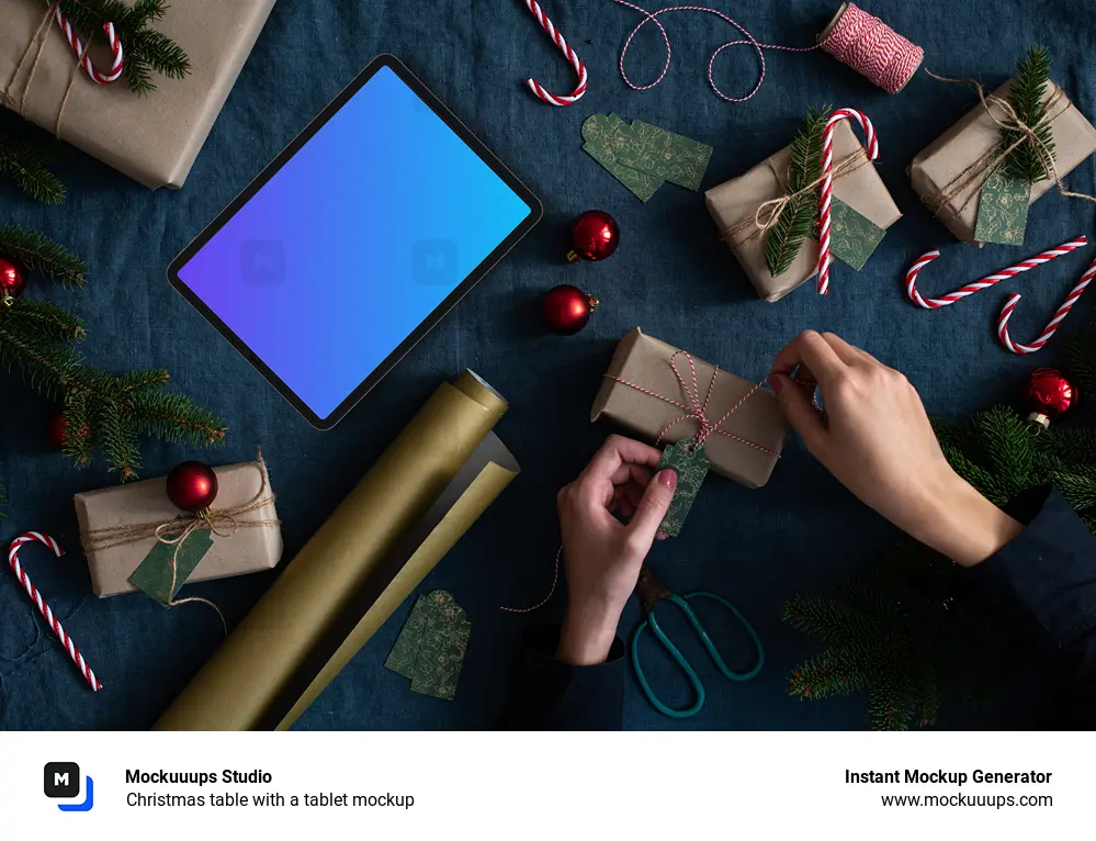 Christmas table with a tablet mockup