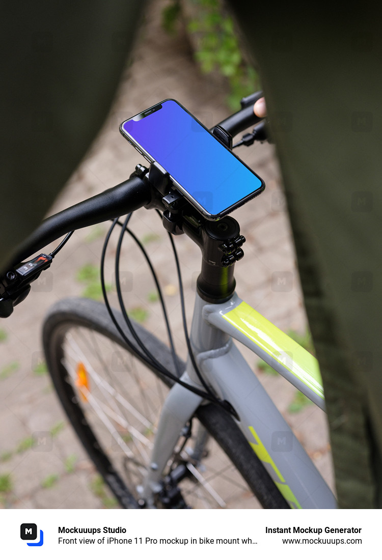 Front view of iPhone 11 Pro mockup in bike mount while riding