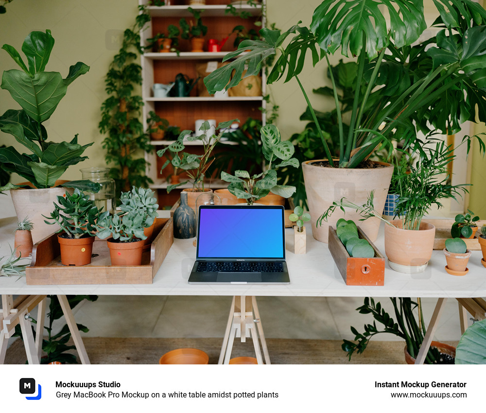 Grey MacBook Pro Mockup on a white table amidst potted plants