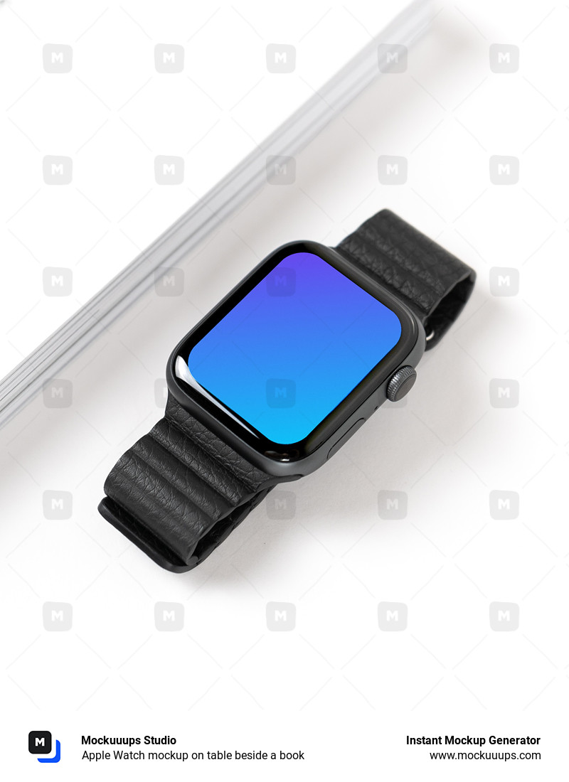 Apple Watch mockup on table beside a book