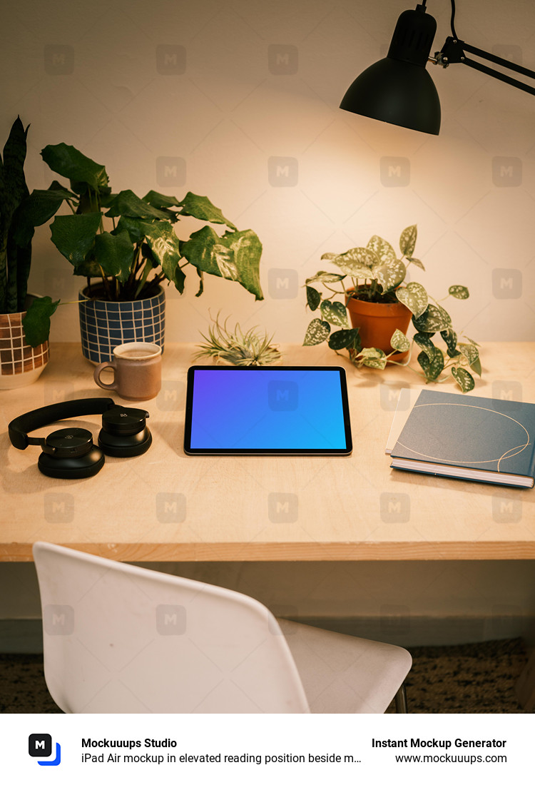iPad Air mockup in elevated reading position beside multiple potted plants
