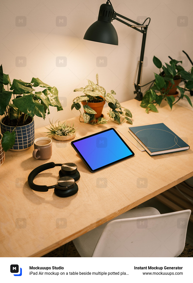 iPad Air mockup on a table beside multiple potted plants