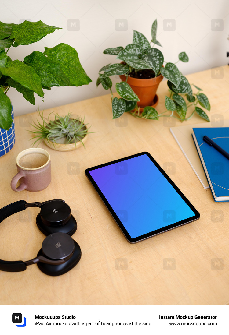  iPad Air mockup with a pair of headphones at the side