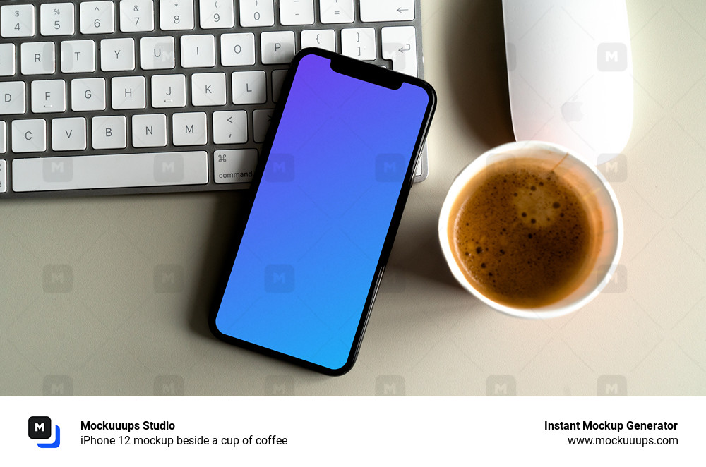 iPhone 12 mockup beside a cup of coffee