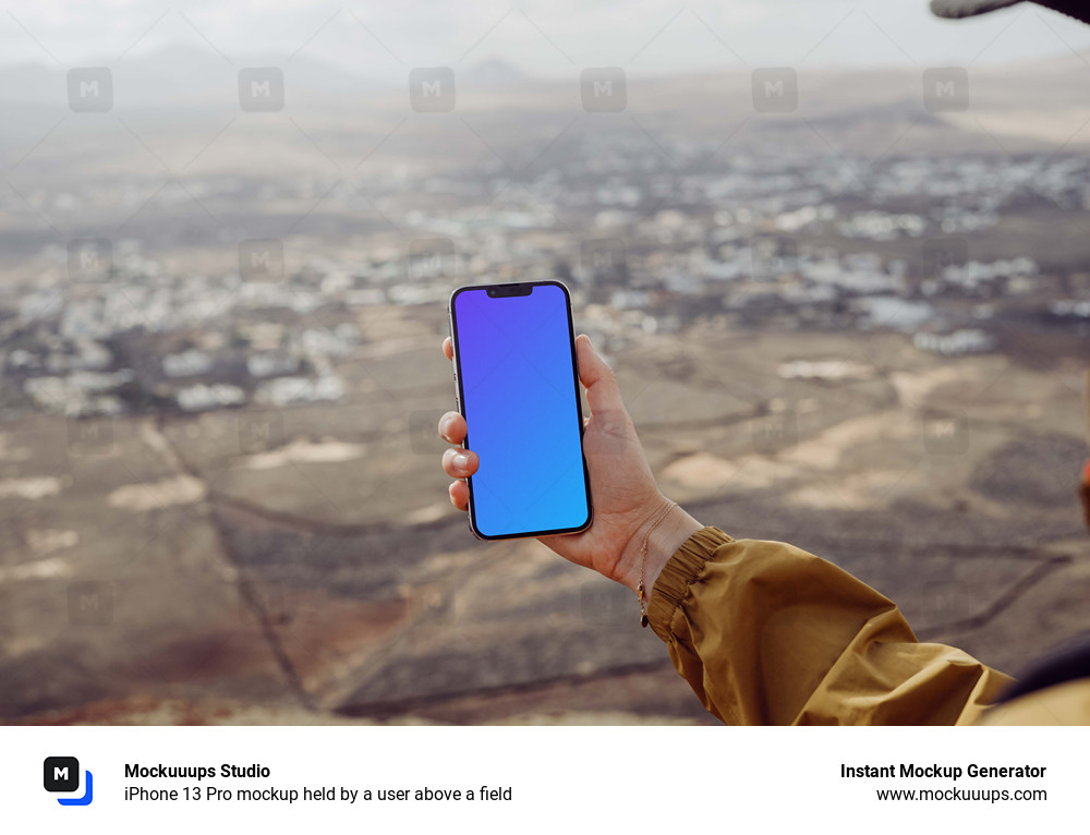 iPhone 13 Pro mockup held by a user above a field
