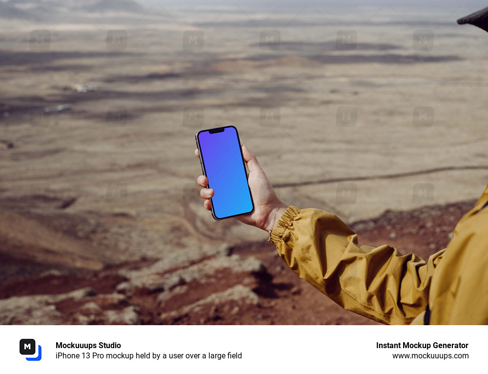 iPhone 13 Pro mockup held by a user over a large field
