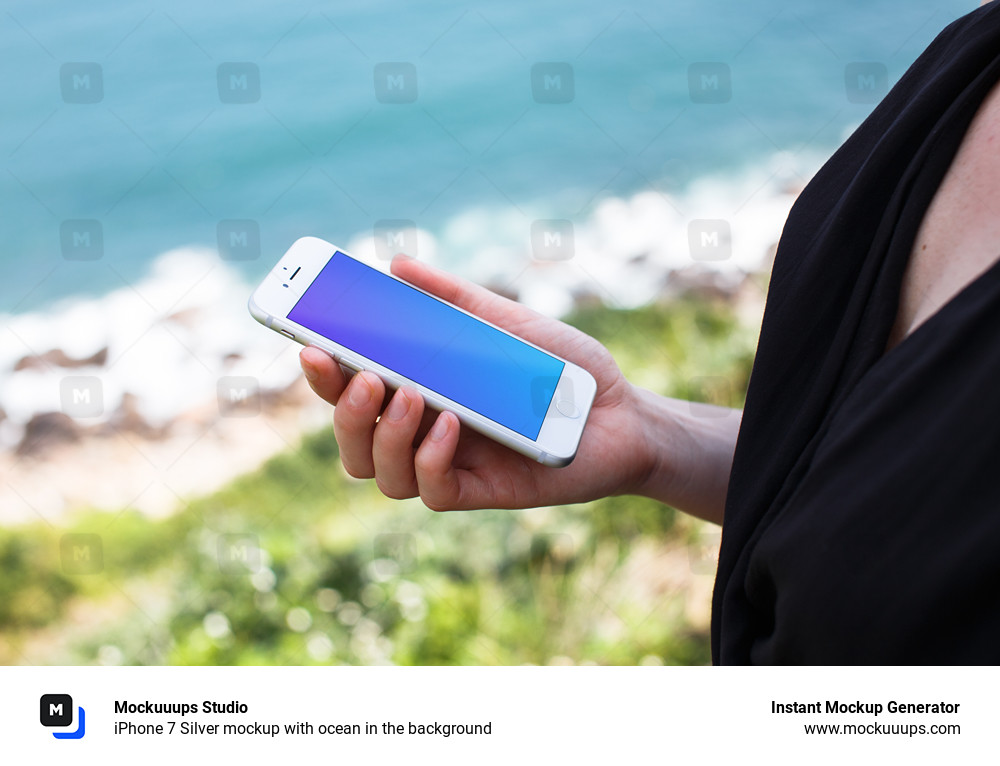 iPhone 7 Silver mockup with ocean in the background