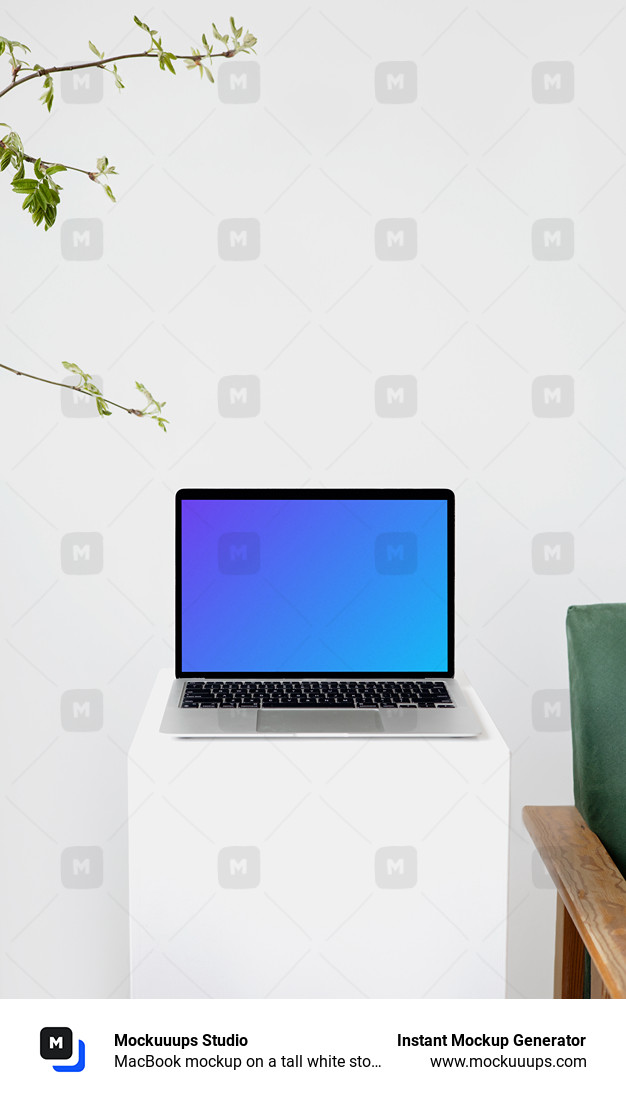 MacBook mockup on a tall white stool with wooden chair arm on the side