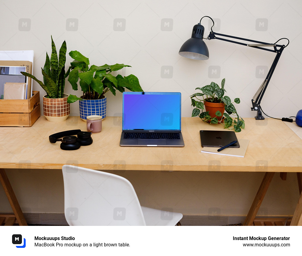  MacBook Pro mockup on a light brown table.