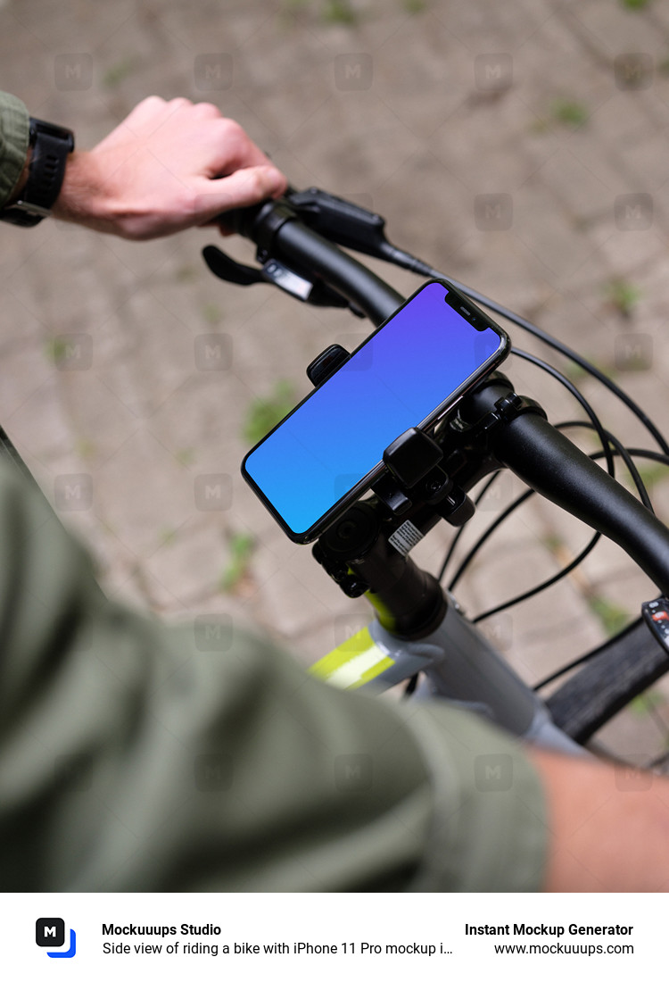 Side view of riding a bike with iPhone 11 Pro mockup in bike mount