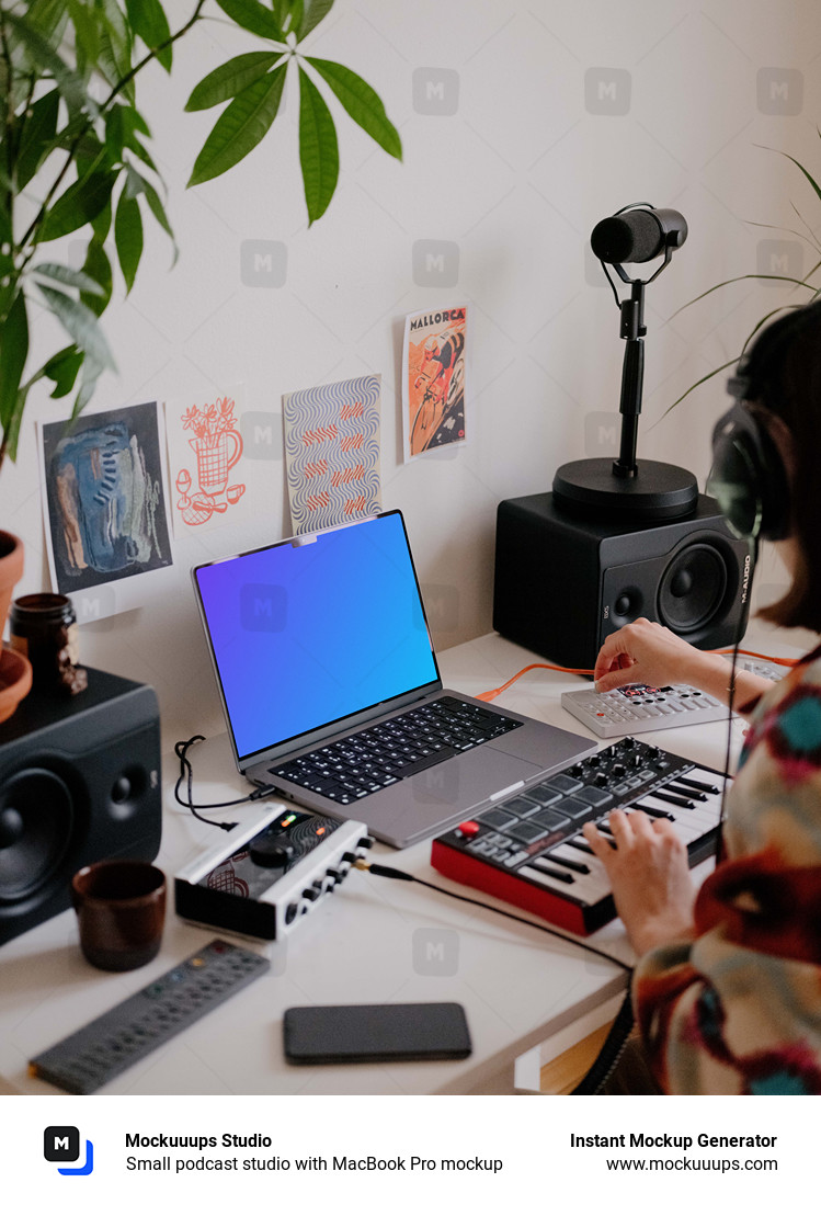 Small podcast studio with MacBook Pro mockup