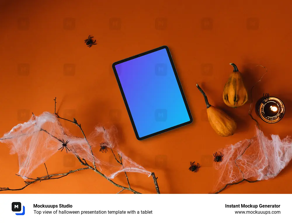Top view of halloween presentation template with a tablet