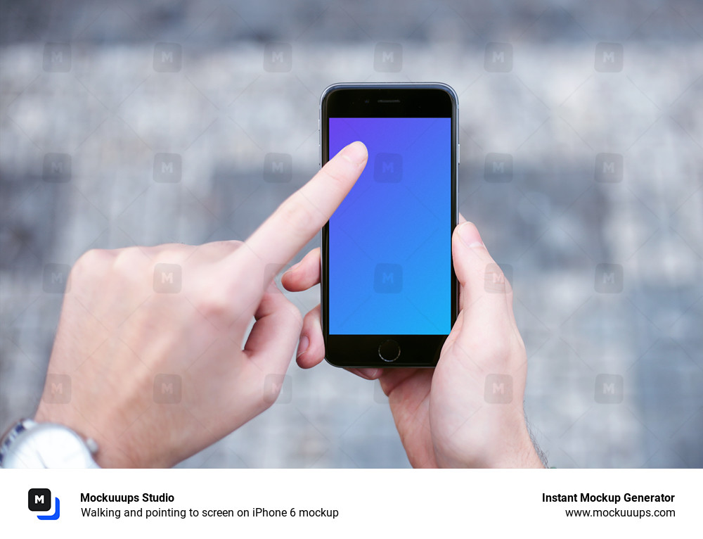 Walking and pointing to screen on iPhone 6 mockup