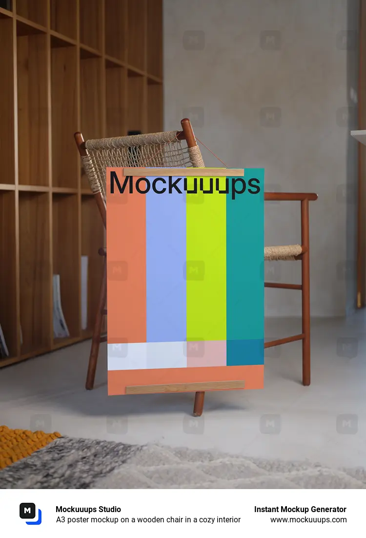 A3 poster mockup on a wooden chair in a cozy interior