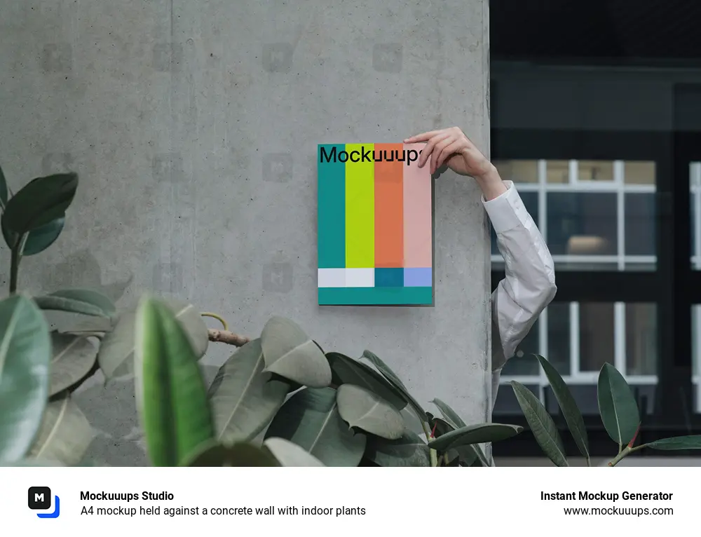 A4 mockup held against a concrete wall with indoor plants