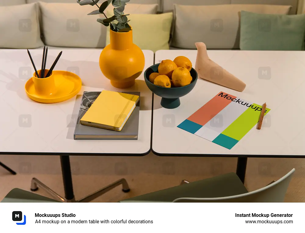 A4 mockup on a modern table with colorful decorations