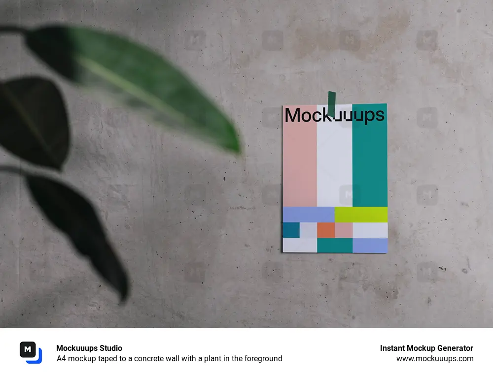 A4 mockup taped to a concrete wall with a plant in the foreground