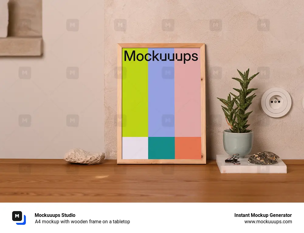 A4 mockup with wooden frame on a tabletop