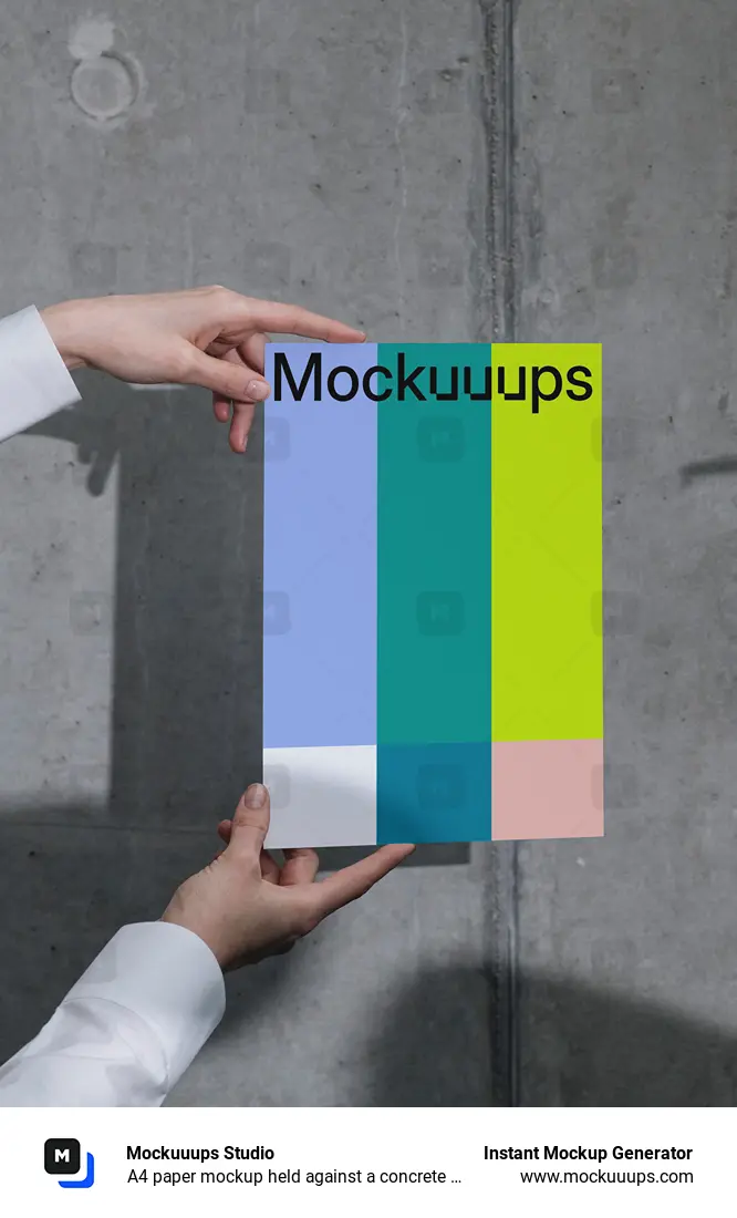 A4 paper mockup held against a concrete wall