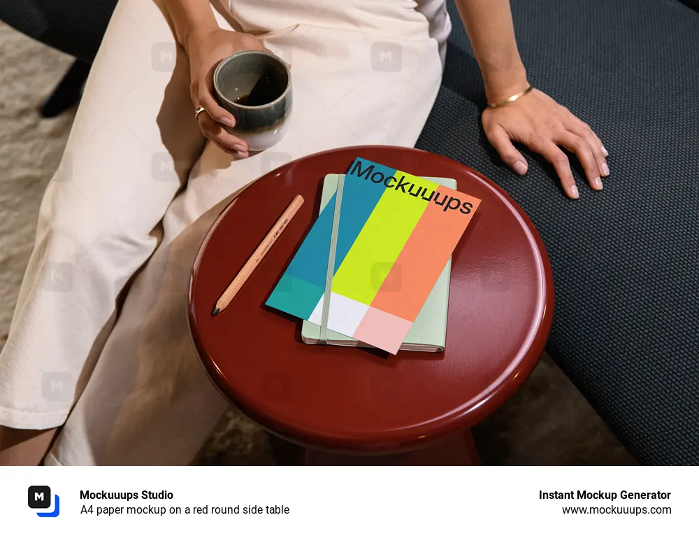 A4 paper mockup on a red round side table
