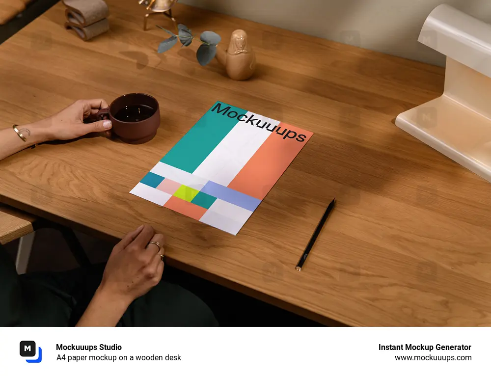 A4 paper mockup on a wooden desk
