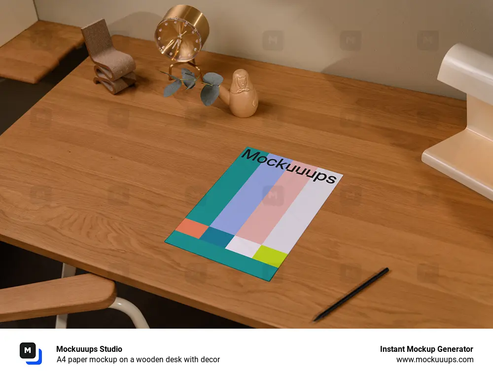A4 paper mockup on a wooden desk with decor