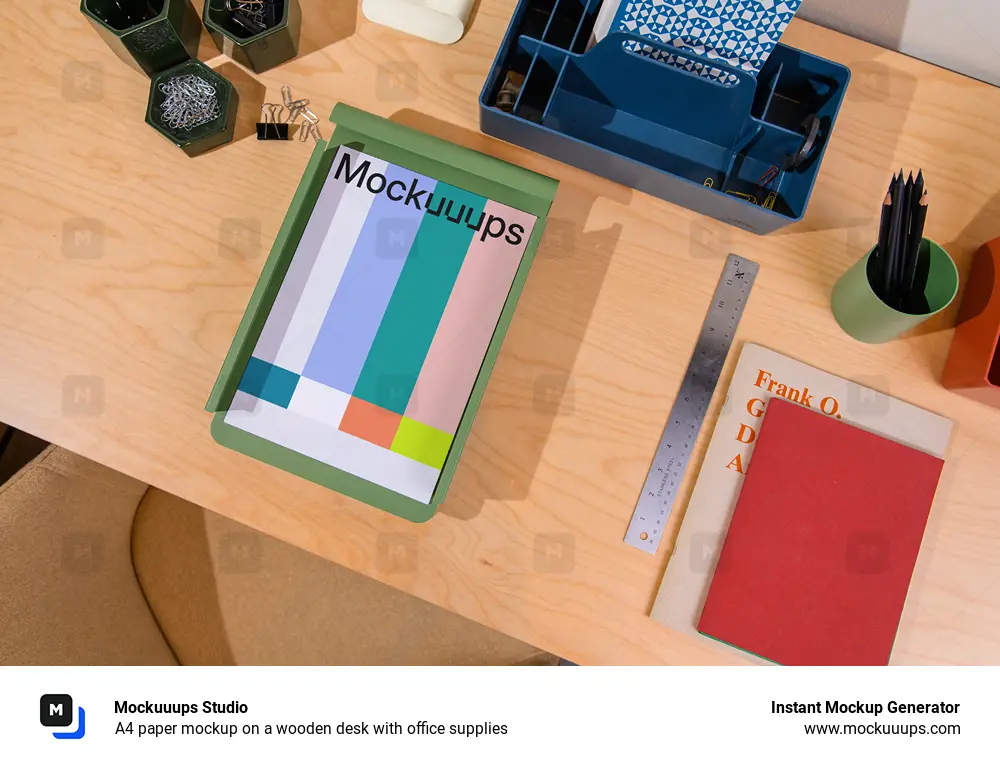 A4 paper mockup on a wooden desk with office supplies