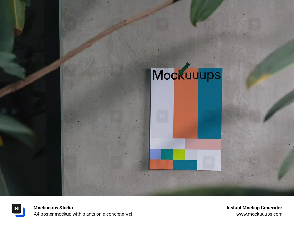 A4 poster mockup with plants on a concrete wall