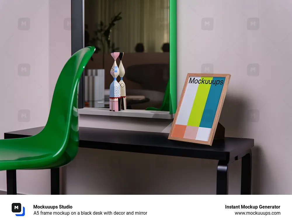 A5 frame mockup on a black desk with decor and mirror