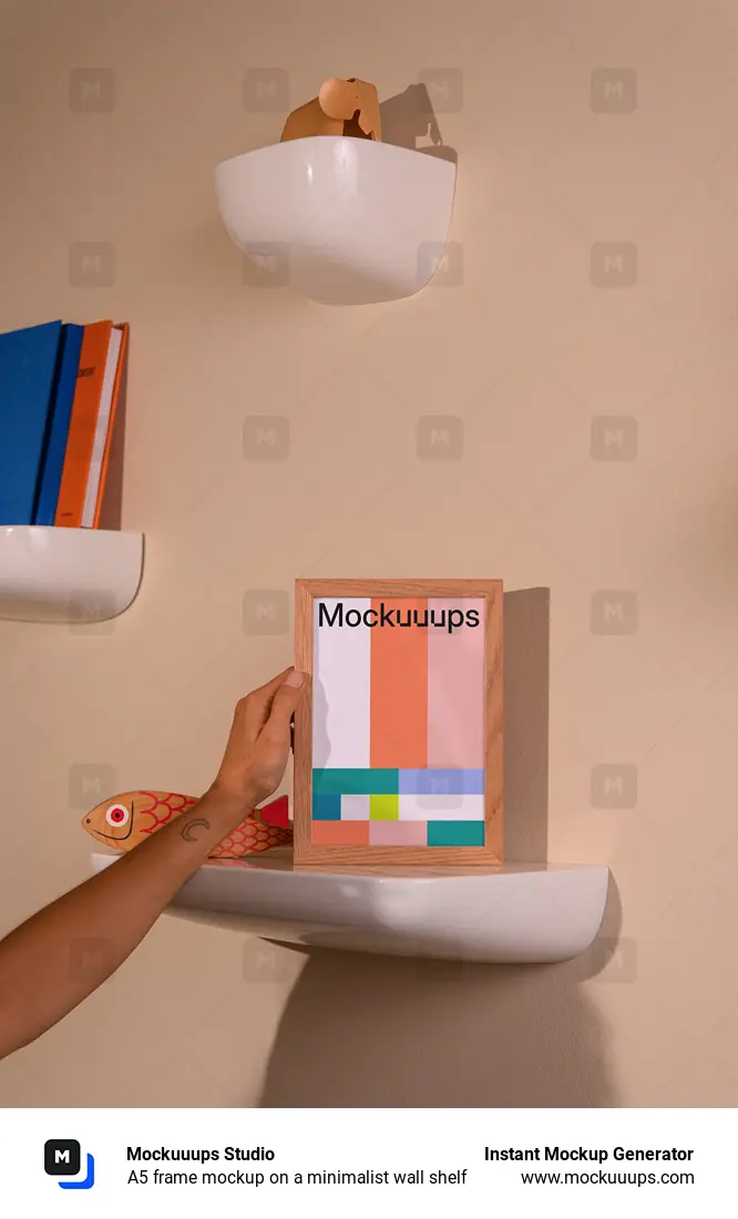 A5 frame mockup on a minimalist wall shelf
