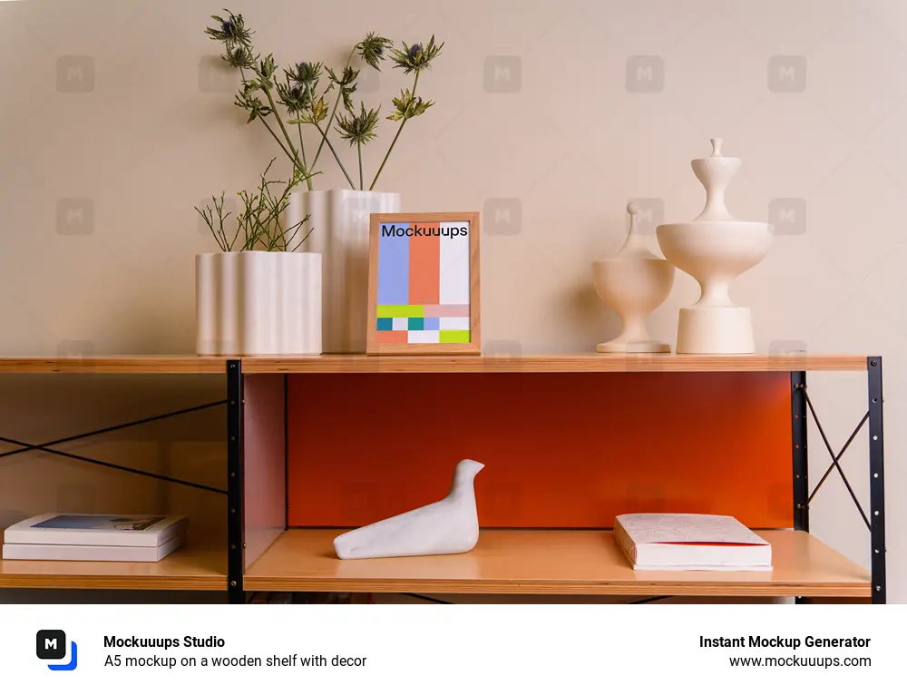 A5 mockup on a wooden shelf with decor