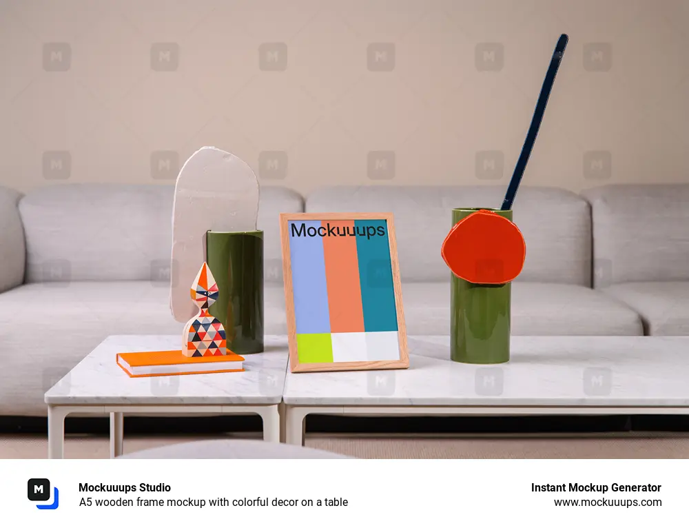 A5 wooden frame mockup with colorful decor on a table