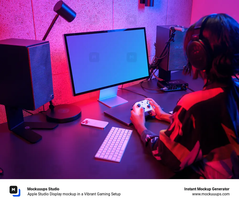 Apple Studio Display mockup in a Vibrant Gaming Setup