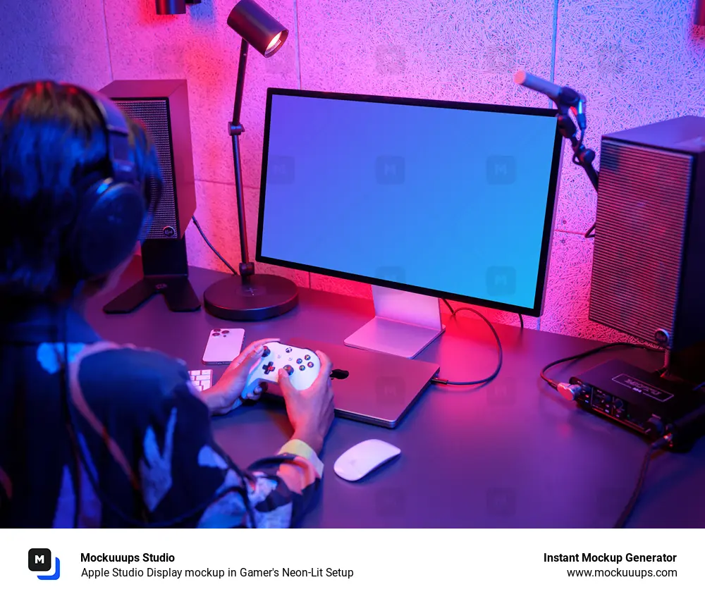 Apple Studio Display mockup in Gamer's Neon-Lit Setup