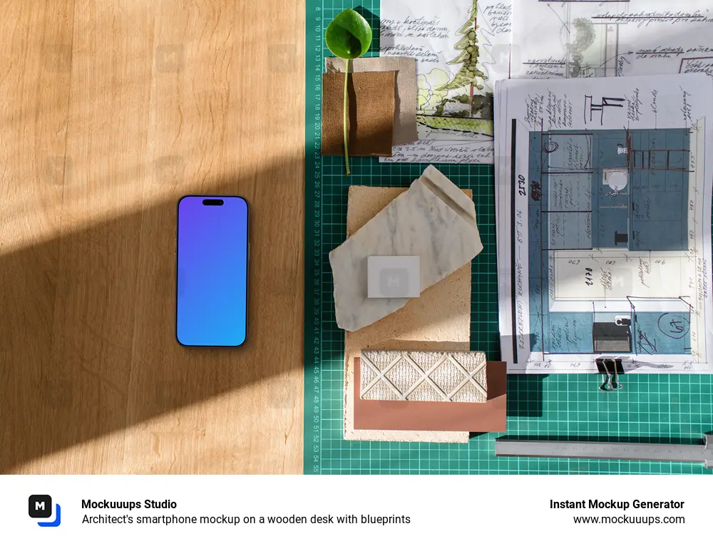 Architect's smartphone mockup on a wooden desk with blueprints